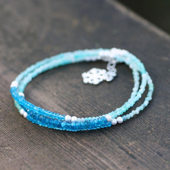 Natural Neon Blue Apatite, Amazonite Necklace / Wrap Bracelet Sterling Silver - Picture 1 of 12